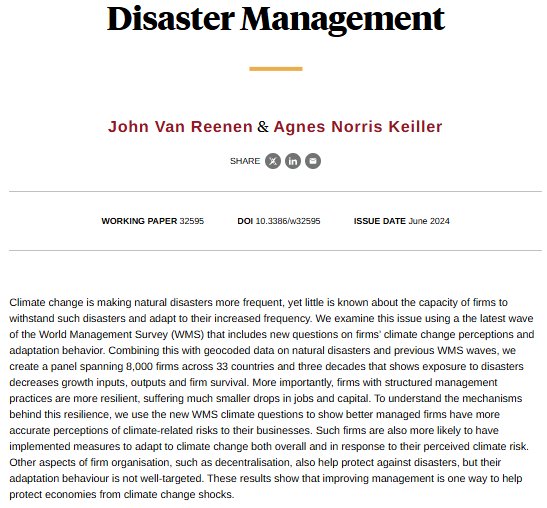 NBER (@nberpubs) on Twitter photo Better management makes firms more resilient to climate change related natural disasters. Such firms are more aware of climate change and also invest in adaptation, from <a href="/johnvanreenen/">John Van Reenen</a> and Agnes Norris Keiller nber.org/papers/w32595 Better management makes firms more resilient to climate change related natural disasters. Such firms are more aware of climate change and also invest in adaptation, from <a href="/johnvanreenen/">John Van Reenen</a> and Agnes Norris Keiller nber.org/papers/w32595