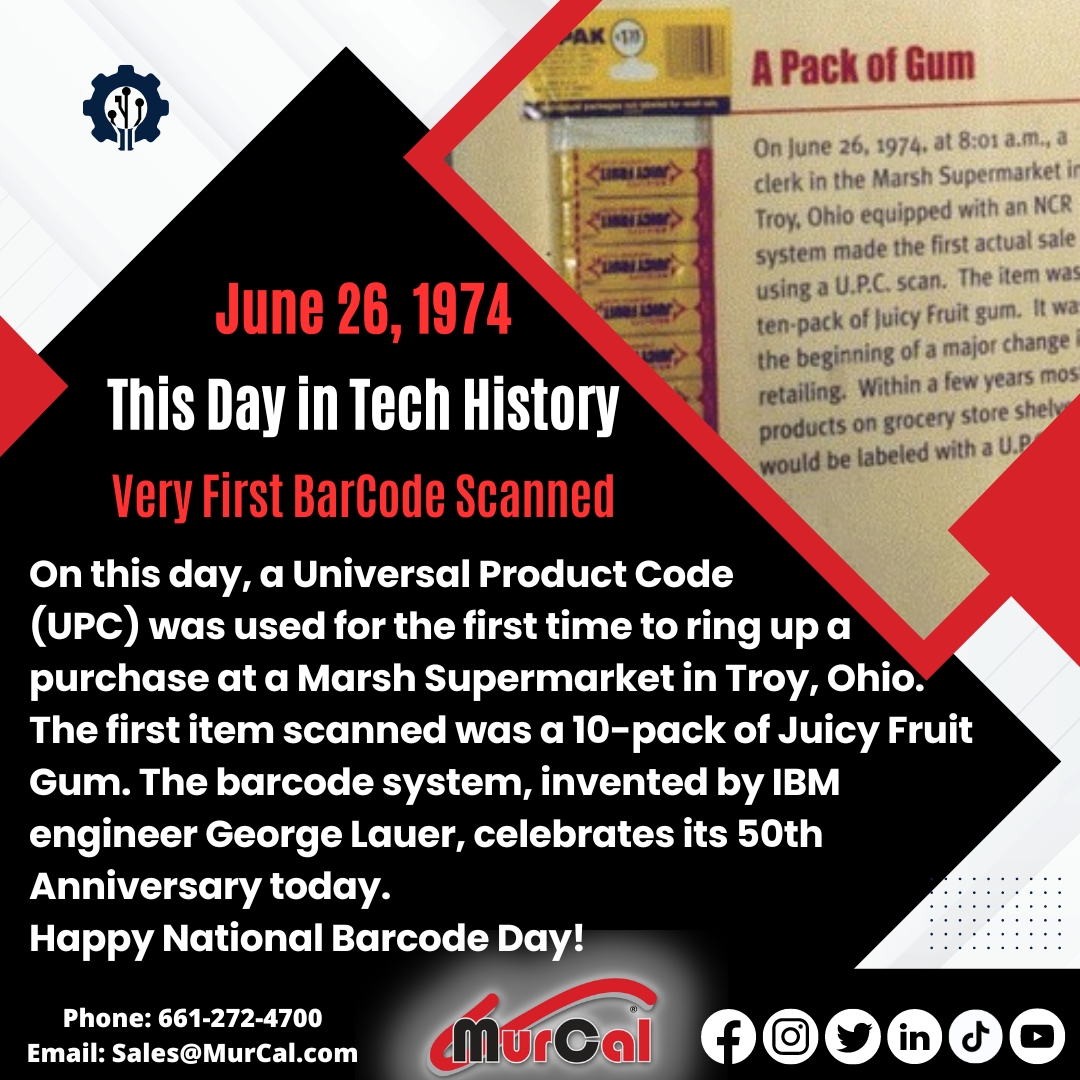 murcal's tweet image. Today in Tech History 🔧 by MurCal.com!

June 26, 1974: Very First BarCode Scanned

Happy National Barcode Day!

#TodayInTechHistory #TechHistory #MurCal #UPC #BarcodeScanned #TechInnovation #GeorgeLauer #JuicyFruitGum #50thAnniversary #NationalBarcodeDay #OnThisDay