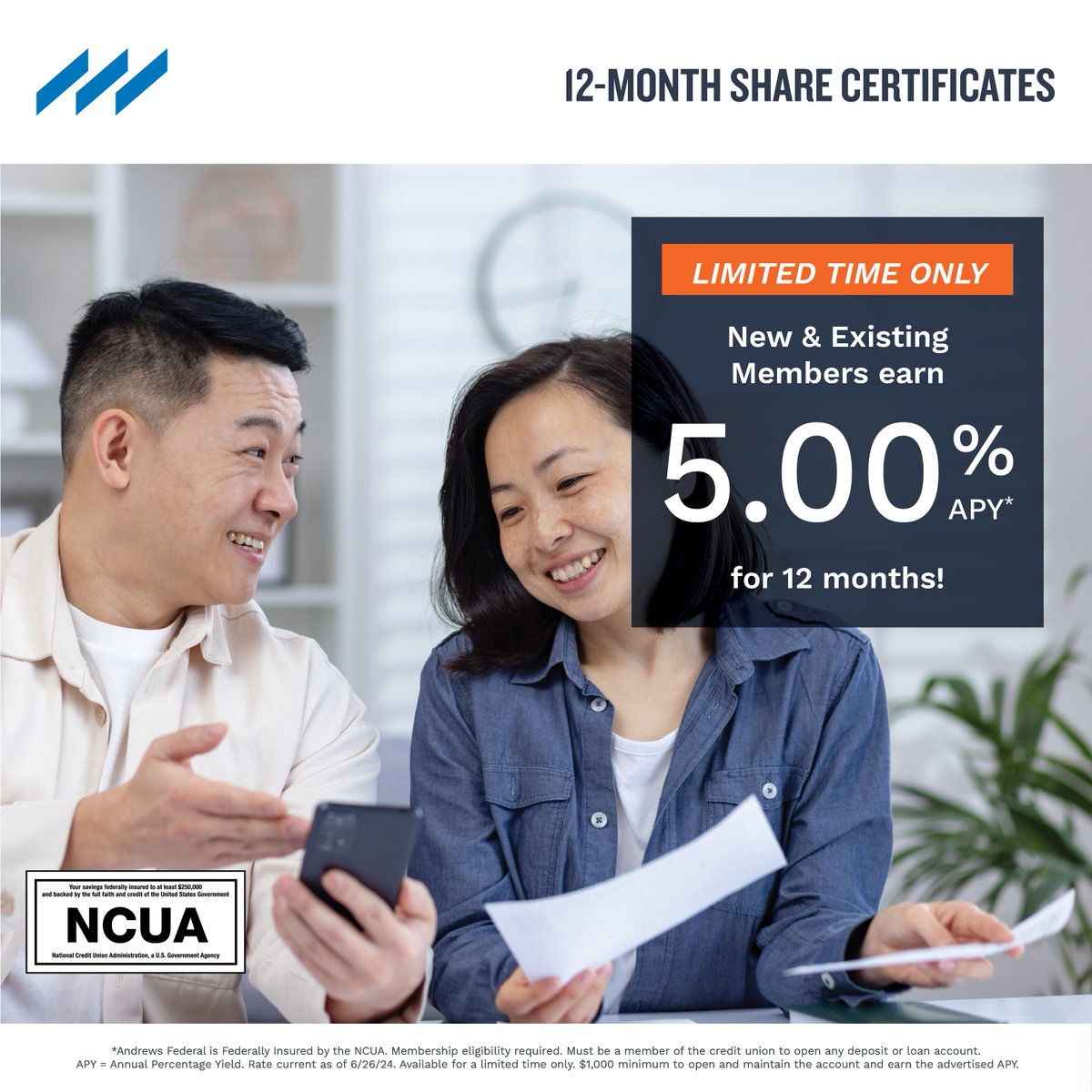 While you're having fun in the sun, keep your money hard at work! 

With a 12-month Share Certificate from Andrews Federal, you can lock in an exceptional 5.00% APY* for the next year. Learn how to earn more: bit.ly/3Nq7h7S