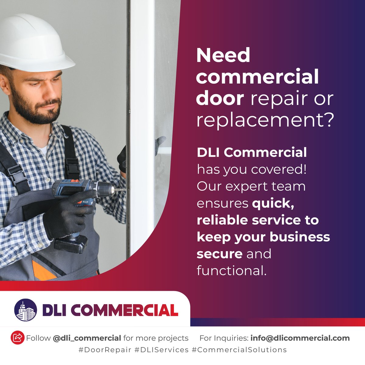 DLICommercial's tweet image. Need commercial door repair or replacement? DLI Commercial has you covered! Our expert team ensures quick, reliable service to keep your business secure and functional. #DoorRepair #DLIServices #CommercialSolutions