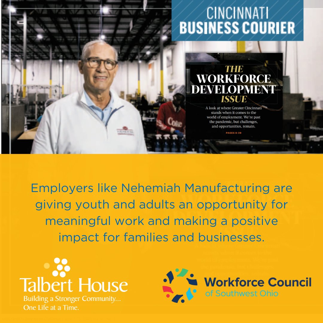 Talbert House was shouted out in the Cincinnati Business Courier for our collaborative efforts with the Workforce Council of Southwest Ohio and partners such as Nehemiah Manufacturing. We're thankful for the chance to work alongside these amazing businesses! ⁠
⁠