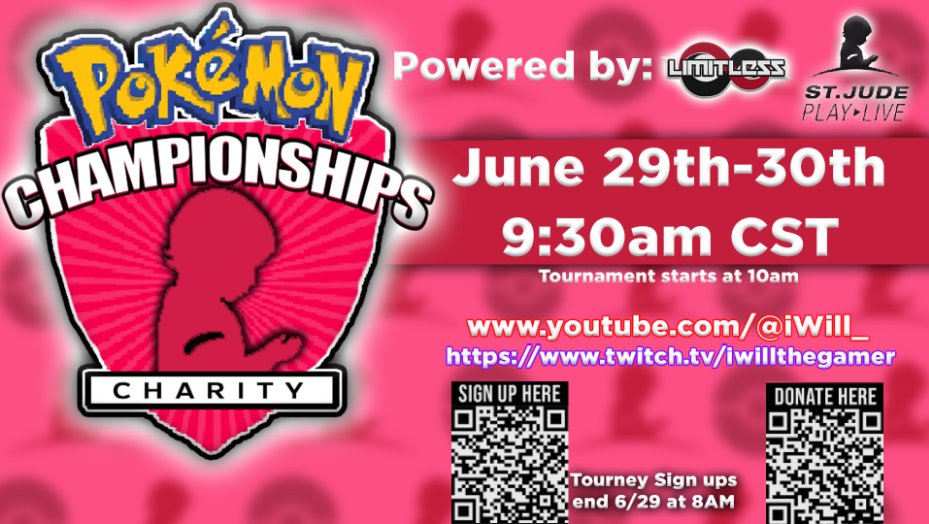 The #StJudeVGC ❤ Tour is THIS WEEKEND! 

🗓 June 29-30
🖥 Stream starts at 9:30am
💥Tourney starts at 10am
🔗Sign up: play.limitlesstcg.com/tournament/661…
💵Donate: tiltify.com/@iwillthegamer…

🖥 Live Streams:
🔴youtube.com/live/6ljuSFTSi…
🟣twitch.tv/iwillthegamer