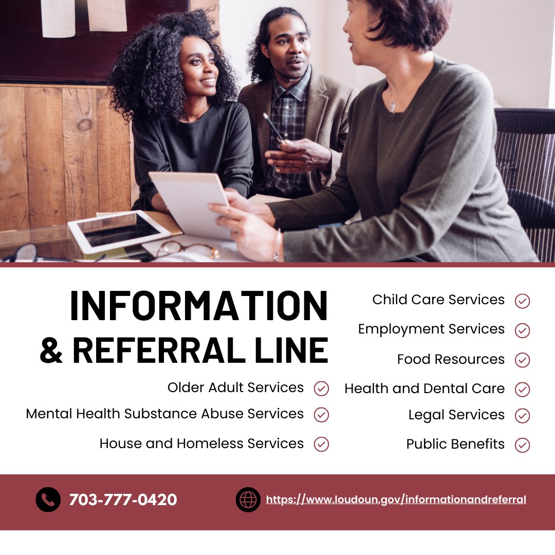 Need help accessing essential services in #Loudoun County?

The Loudoun County I&amp;R program connects you to resources like childcare and food assistance.

Call 703-777-0420 Mon-Fri, 8:30am-5pm. Email or fill out our online form for after-hours assistance.