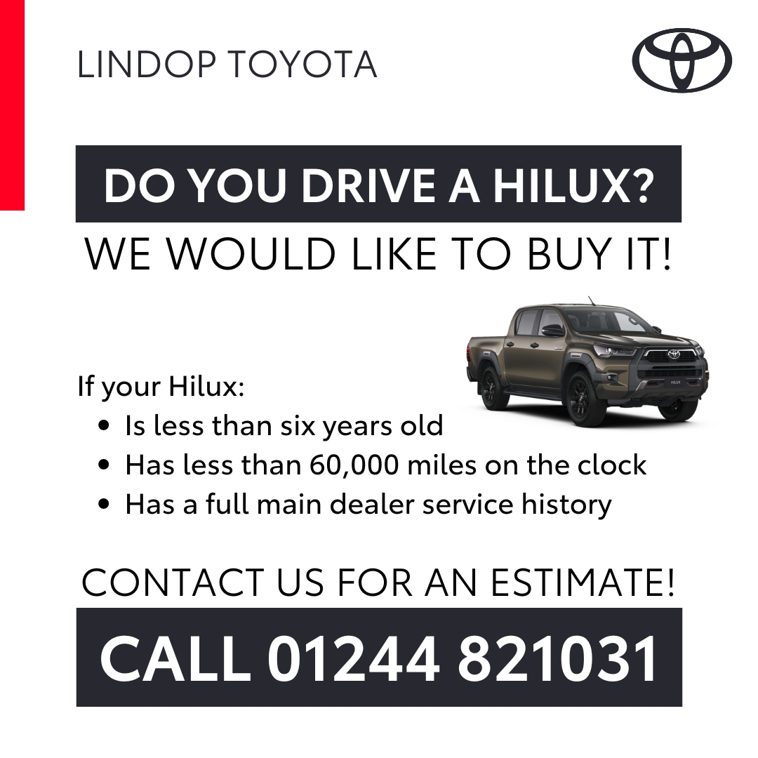 Do you drive a Hilux? 🤔

If it's less than six years old, has done fewer than 60,000 miles, and has a full main dealer history, we're interested in buying it!

Call us now on 01244 821031 for an estimate.

#Toyota #Hilux #Wrexham #Queensferry