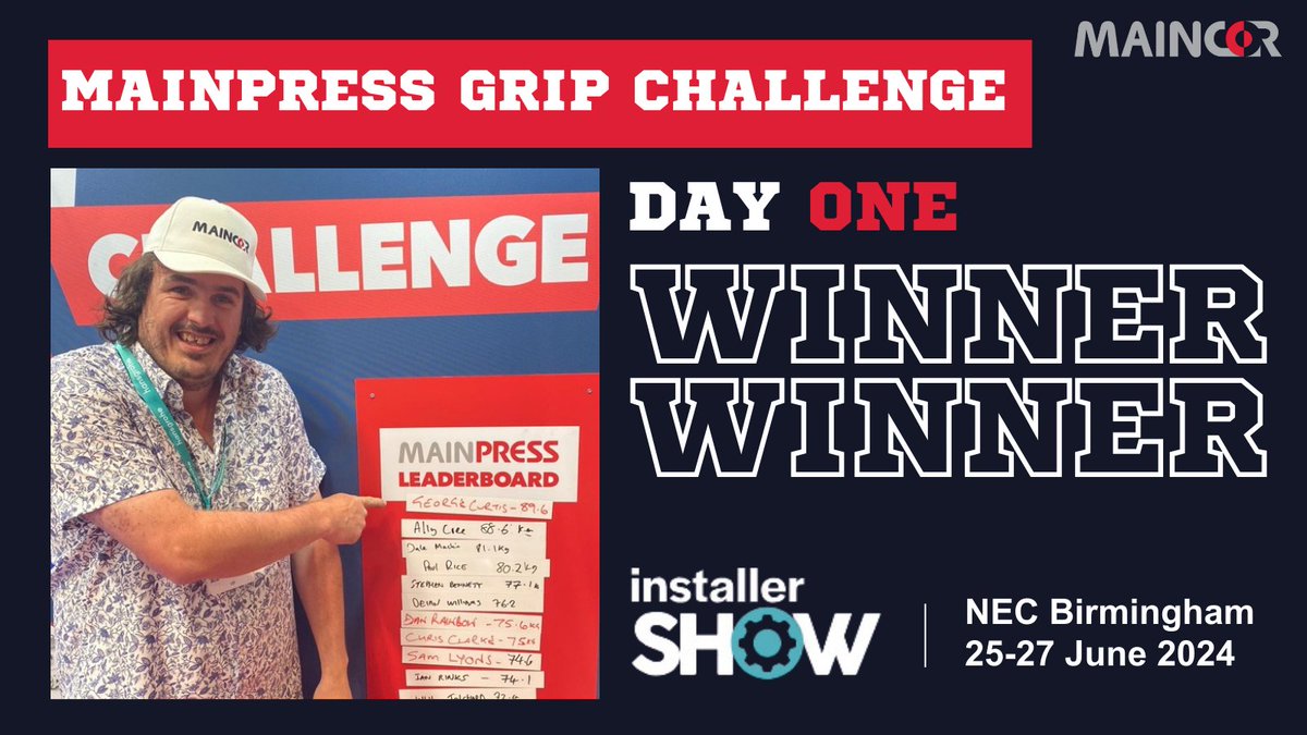 We had another great day at the @InstallerShow with more people taking on our #MainpressGripChallenge!

Congratulations to George Curtis from D S Lowe Plumbing &amp; Heating Ltd who had a winning grip of 89.6kg💪

Come down and visit us at stand 5B12 tomorrow to test your grip!