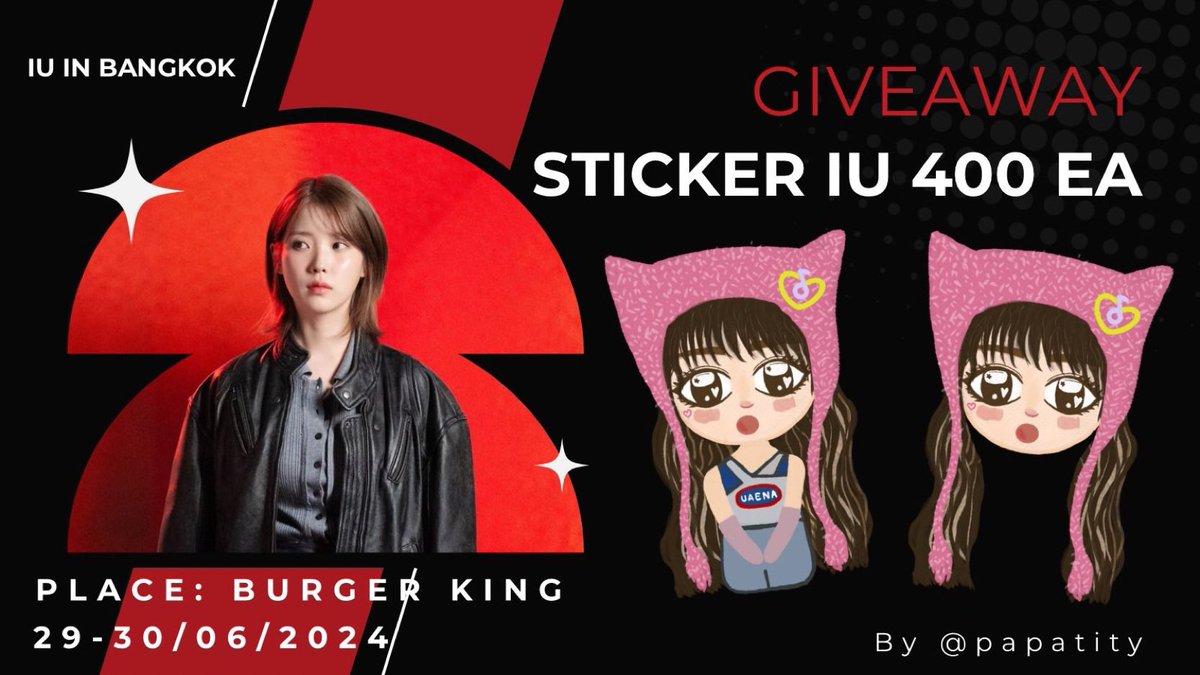 papatity's tweet photo. #HEREH_WORLD_TOUR_IN_BKK

🌸 แจก/แลก Giveaway 
🌸 Sticker IU วาดเอง 
     
🗓️29-30 มิถุนายน

🚩 BURKER KING
⏰ 13:00-15:00 น.

🌟 สนใจมาแลกกันได้นะคะ  
🐣ไม่ได้ทำอะไรมาก็แลกรอยยิ้มกัน ☺️

💕Retweet ได้นะคะ 💕

#IU #IU_WORLD_TOUR #HER_IN_BKK https://t.co/29vK3uFXkV