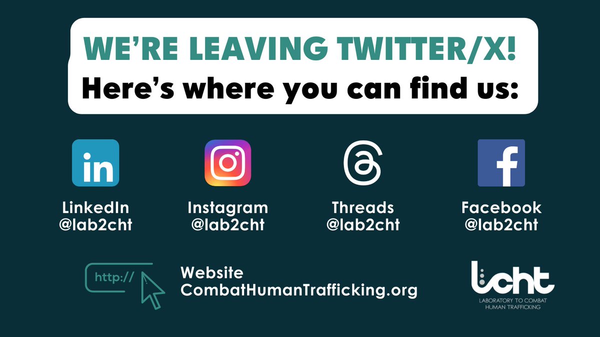 lab2cht's tweet image. And we’re off! 👋 The Laboratory to Combat Human Trafficking has left Twitter/X. Our account will stay open, but there will be no new posts. Stay connected with Colorado’s anti-trafficking movement on our website or other social platforms!