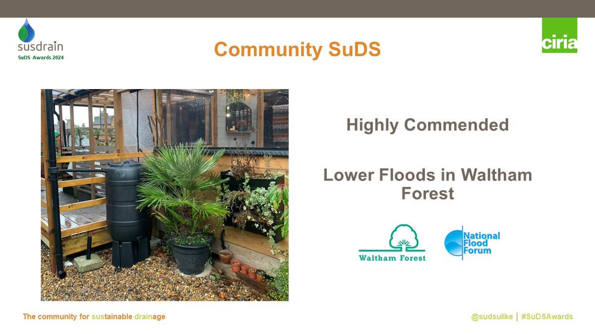 Sudsulike's tweet photo. The highly commended award for Community SuDS goes to Lower Floods in Waltham Forest, London Borough of Waltham Forest @wfcouncil – congratulations! #SuDSAwards #sudsnotduds https://t.co/SasYOX17MN