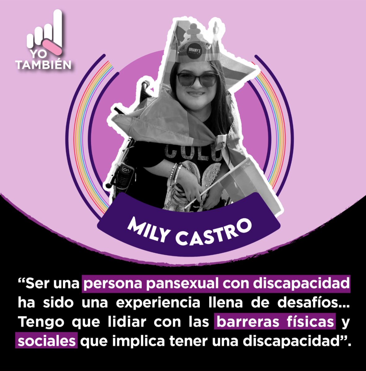 YoTambien's tweet photo. "Esta doble lucha me ha llevado a convertirme en activista por los derechos #LGBTQ con discapacidad. He visto de primera mano cómo la falta de inclusión afecta nuestra calidad de vida y quiero cambiarlo", @MilyCastroR
#YoTambiénSoyLGBT
#OrgulloDoble
https://t.co/b5IWJkp327 https://t.co/THVPblORda