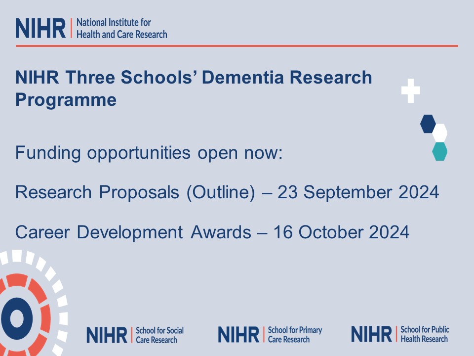 📢 The NIHR #ThreeSchools #Dementia Research Programme has funding opportunities for 

1️⃣ Research Projects - due 23 Sep 24
sscr.nihr.ac.uk/funding/three-…

2️⃣ Career Development Awards  - due 16 Oct 24
sscr.nihr.ac.uk/funding/dement… 

<a href="/NIHRSPCR/">NIHR School for Primary Care Research</a>
<a href="/NIHRSPHR/">NIHR SPHR</a>

#CapacityBuilding
<a href="/NIHRresearch/">National Institute for Health and Care Research</a>