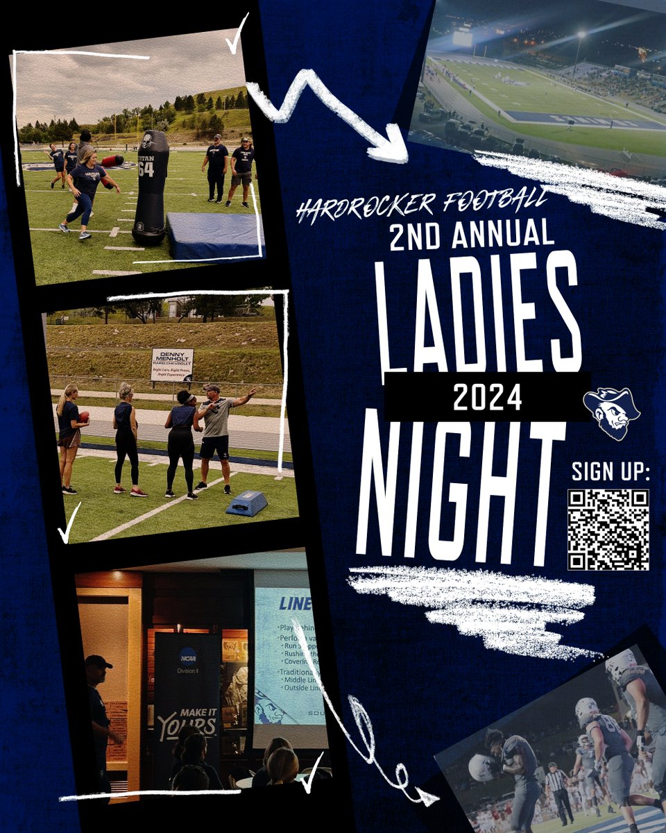 South Dakota Mines Football is excited to announce our 2nd Annual Ladies Night on August 3rd!

Learn the basics, run through drills, and enjoy a Social Gathering following the event!

You don't want to miss out!

🔗: hardrockerfootballcamps.com/ladies-night.c…

Or use QR Code

#TheHardrockLife