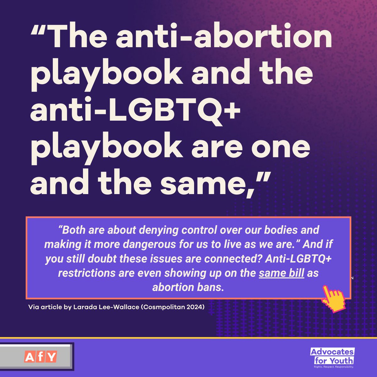 AdvocatesTweets's tweet image. 🌈💪Queer rights and abortion rights go hand in hand. 🌈💪Written by our very own Larada Lee-Wallace, this @Cosmopolitan  piece highlights the intersections of #queer affirmation and #reproductive care.