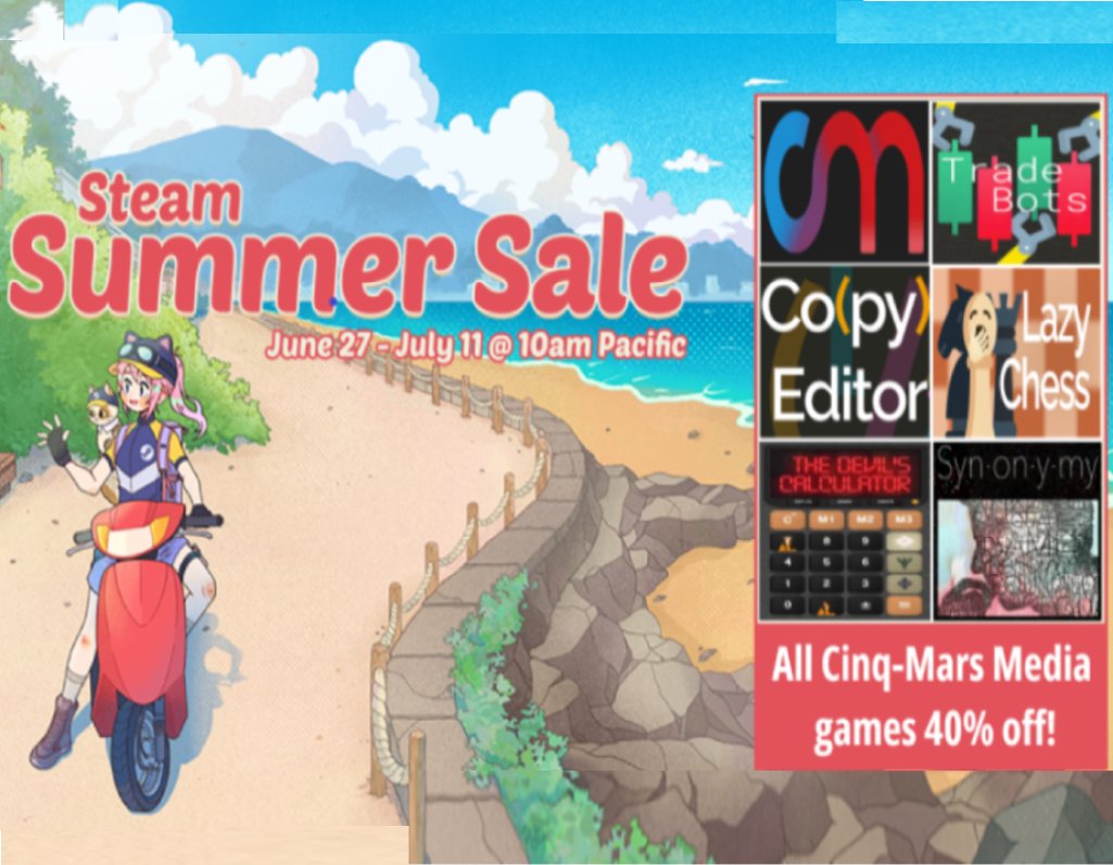 cinqmarsmedia's tweet image. Steam Summer Sale! store.steampowered.com/developer/cmm
#SynonymyGame #DevilsCalc #CopyEditorGame #LazyChessGame
