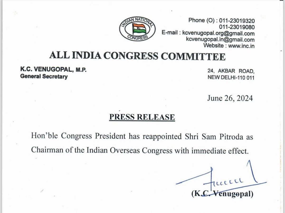 reportbalanced's tweet photo. **Congress Reappoints Sam Pitroda as IOC Chairman**

- Sam Pitroda has been reappointed as the Chairman of Indian Overseas Congress (IOC), effective immediately.
- Pitroda had resigned in May following controversy over remarks comparing the appearances of East and South Indians. https://t.co/baV21CzY7s