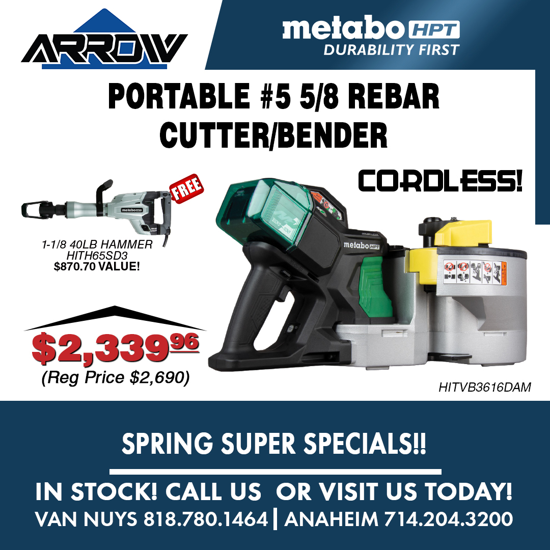 MyArrowTools's tweet photo. Introducing the Metabo PORTABLE #5 5/8 REBAR CUTTER/BENDER! With the ability to cut &amp; bend up to #5-60 Grade, this powerful tool can make 270 cuts and 520 bends at 90° per charge. Perfect for professional use, it's a game-changer for any construction project. https://t.co/MvTpLNyYC8