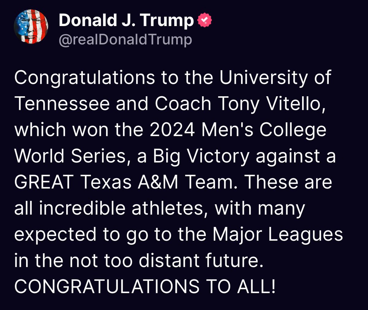 Former President Donald Trump sends congratulations to Tony Vitello and the baseball Vols for winning the College World Series.