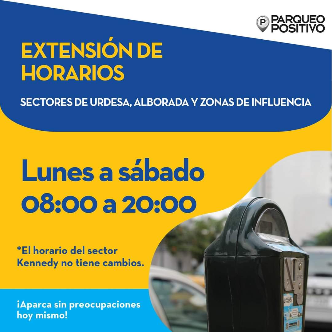 Te contamos los nuevos horarios de servicio de parqueo tarifado en los sectores de #Urdesa y #Alborada

Lunes a sábado de 8:00 a 20:00 

Parquea siempre de manera fácil y evita sanciones.

#ParqueoPositivo 
Una ciudad en orden, una ciudad en progreso.