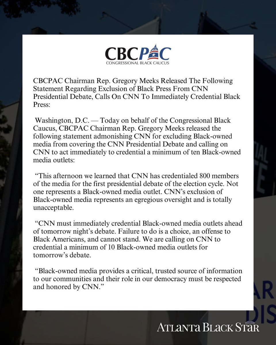 The Chairman of CBCPAC criticized CNN in a statement for excluding Black-owned media from the upcoming presidential debate's credentials. Despite hosting the debate in Atlanta near Black media outlets, CNN did not invite any Black-owned publications.

atlantablackstar.com/2024/06/26/cnn…
