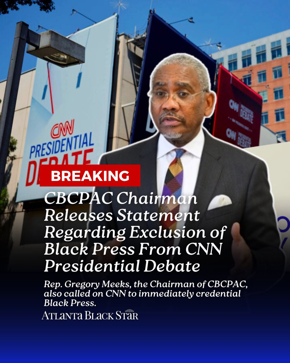ATLBlackStar's tweet photo. The Chairman of CBCPAC criticized CNN in a statement for excluding Black-owned media from the upcoming presidential debate's credentials. Despite hosting the debate in Atlanta near Black media outlets, CNN did not invite any Black-owned publications.

https://t.co/lSaKFAaYL0 https://t.co/BlYh06yw7U