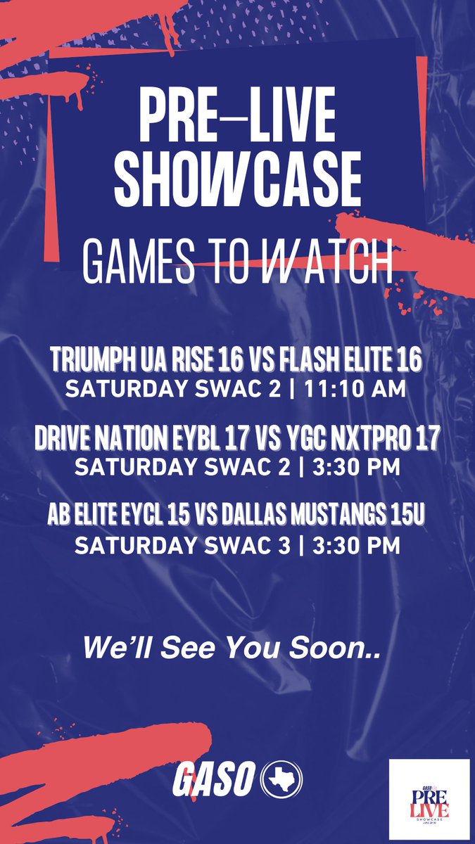TexasHoops/GASO 🔗 (@texashoopsgaso) on Twitter photo Come out to the #GASO Pre-Live Showcase this weekend at <a href="/SwacAthletic/">SwacAthletic</a> You'll like what we have cooked up! 🧑🍳
There's a TON, but here's a few spotlight 🔦match-ups this weekend ⬇️(via <a href="/iFilmHoopers/">Michael Timmins</a>)
Tickets 🎟️ - greatamericanshootout.simpletix.com
Schedule 🗓️ - basketball.exposureevents.com/218821/gaso-pr… Come out to the #GASO Pre-Live Showcase this weekend at <a href="/SwacAthletic/">SwacAthletic</a> You'll like what we have cooked up! 🧑🍳
There's a TON, but here's a few spotlight 🔦match-ups this weekend ⬇️(via <a href="/iFilmHoopers/">Michael Timmins</a>)
Tickets 🎟️ - greatamericanshootout.simpletix.com
Schedule 🗓️ - basketball.exposureevents.com/218821/gaso-pr…