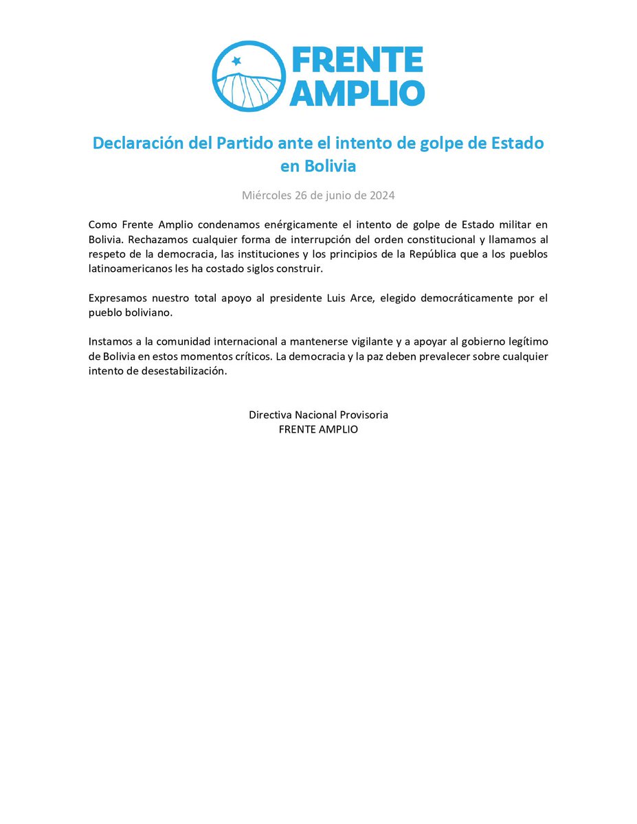 la_convergencia's tweet photo. 📃 Declaración del Frente Amplio ante el intento de golpe de Estado en Bolivia: “Condenamos enérgicamente el intento de golpe de Estado militar en Bolivia. Rechazamos cualquier forma de interrupción del orden constitucional y llamamos al respeto de la democracia” https://t.co/NvP2o0N09Q