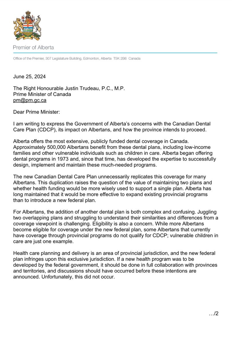ABDanielleSmith's tweet photo. Alberta already has the most extensive, publicly funded dental coverage in Canada benefiting over 500,000 Albertans. 

The new federal program is inferior, wasteful and infringes on provincial jurisdiction; therefore, I have sent this letter to our Prime Minister requesting our share of federal funding for this program be provided to our government so we can increase the number of Albertans able to access our provincial dental plan.