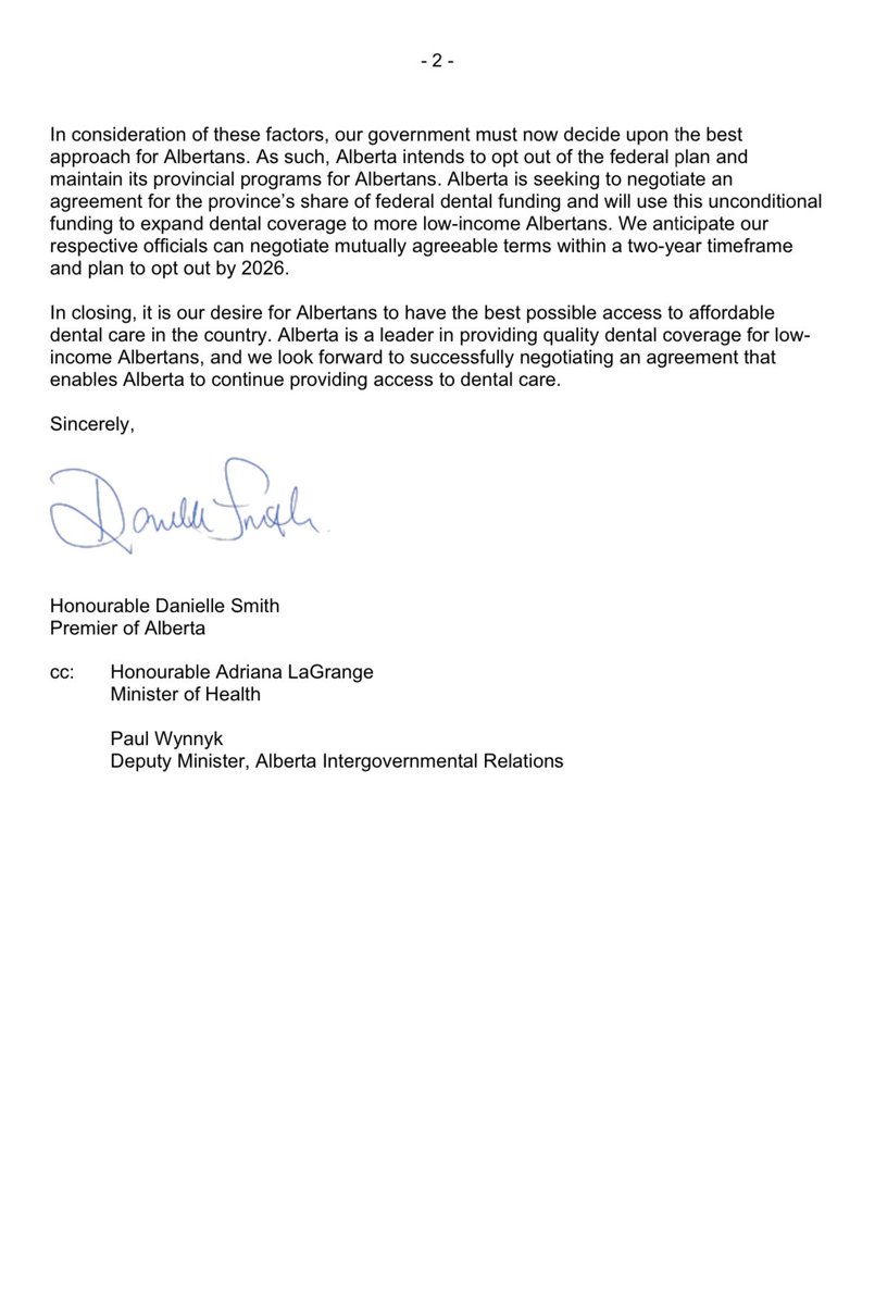 ABDanielleSmith's tweet photo. Alberta already has the most extensive, publicly funded dental coverage in Canada benefiting over 500,000 Albertans. 

The new federal program is inferior, wasteful and infringes on provincial jurisdiction; therefore, I have sent this letter to our Prime Minister requesting our share of federal funding for this program be provided to our government so we can increase the number of Albertans able to access our provincial dental plan.