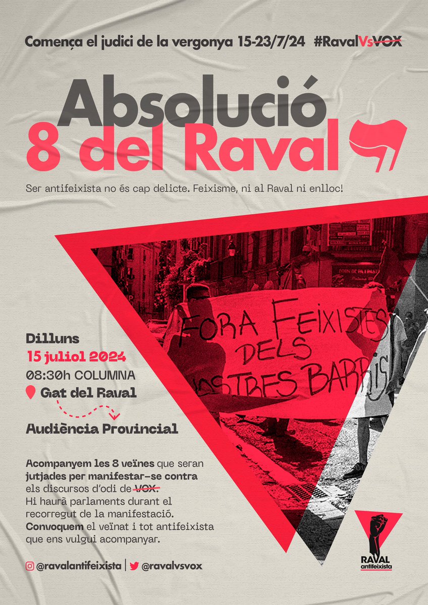 AlertaSolidaria's tweet photo. 🔴⚫ Dues convocatòries per fer més fort l'antifeixisme i plantar cara a la repressió.

🔴 Diumenge 30 JORNADA ANTIFEIXISTA a l'@antigamassana
⚫ Dilluns 15 COLUMNA ANTIREPRESSIVA en suport a @ravalvsvox https://t.co/O4jIZhSdfr