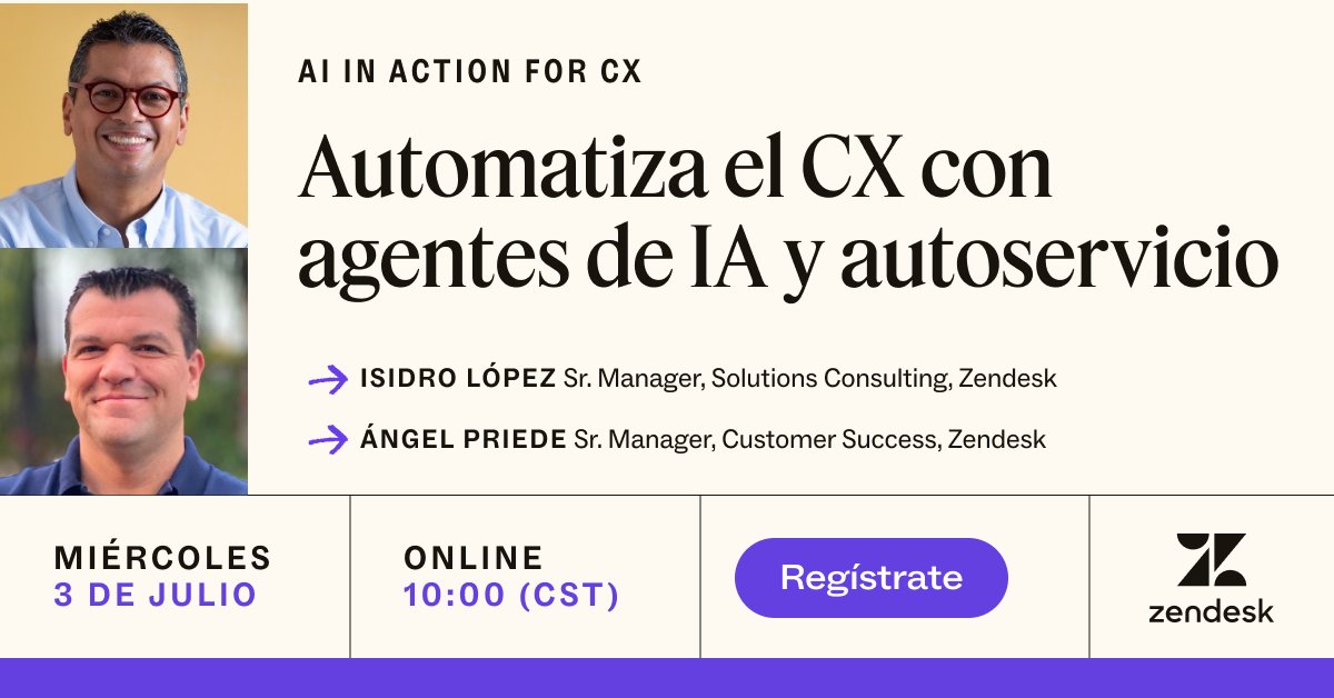 Únete a nuestro próximo webinar y descubre cómo la IA puede te ayudar a:

🚀 Dar respuestas instantáneas 24/7
🎯 Aumentar CSAT con personalización
👌 Automatizar solicitudes complejas

Regístrate ahora: zdsk.co/4cfW72N

#CX #ZendeskAI