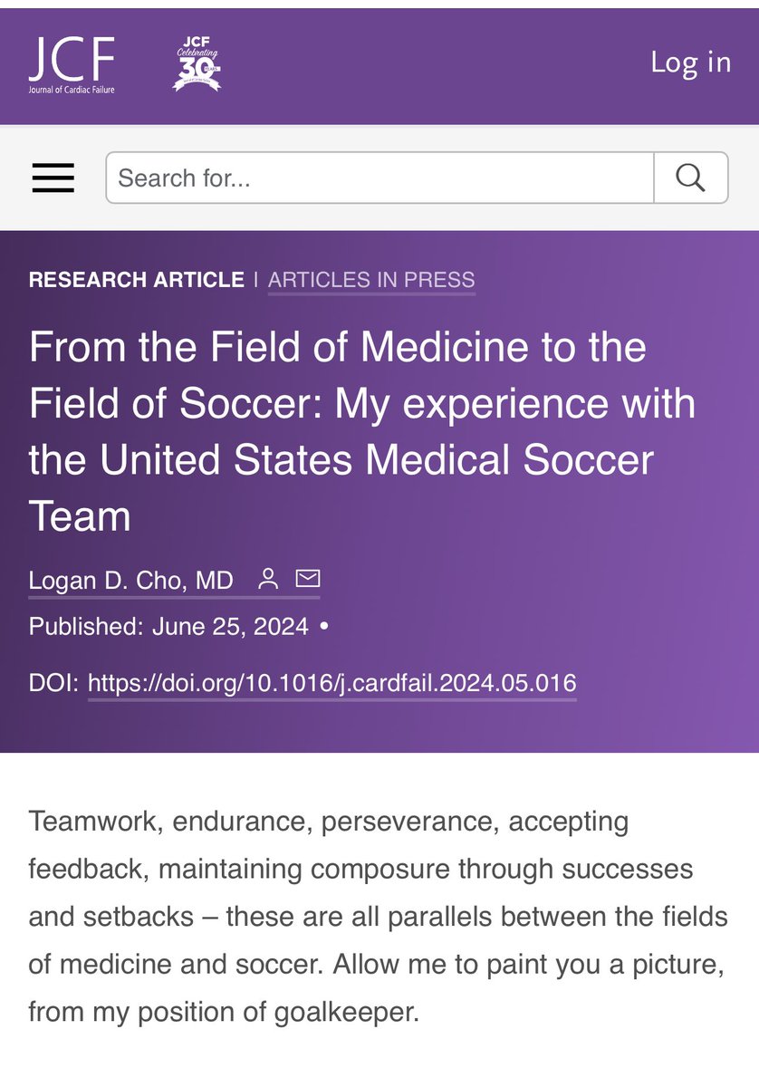 Anu Lala-Trindade (@dranulala) on Twitter photo 🙌🏽So proud of <a href="/LoganChoMD/">Logan Cho</a> former <a href="/IcahnMountSinai/">Icahn School of Medicine at Mount Sinai</a> student, fresh intern <a href="/ColumbiaMed/">Columbia Medicine</a>
👀 this super interesting #ECTSpotlight <a href="/JCardFail/">Journal of Cardiac Failure</a> recounting his experience playing on the US national Medical soccer team! 🇺🇸⚽️🥅
onlinejcf.com/article/S1071-… 🙌🏽So proud of <a href="/LoganChoMD/">Logan Cho</a> former <a href="/IcahnMountSinai/">Icahn School of Medicine at Mount Sinai</a> student, fresh intern <a href="/ColumbiaMed/">Columbia Medicine</a>
👀 this super interesting #ECTSpotlight <a href="/JCardFail/">Journal of Cardiac Failure</a> recounting his experience playing on the US national Medical soccer team! 🇺🇸⚽️🥅
onlinejcf.com/article/S1071-…