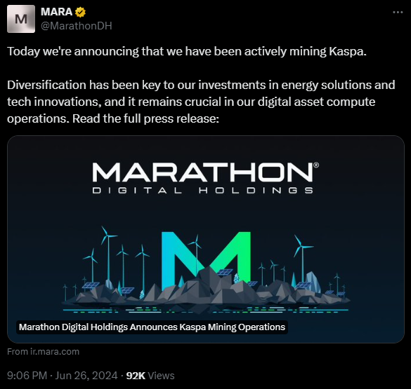 MikoGenno's tweet image. Marathon Digital is officially mining #Kaspa.

For the moment they are allocating 1% of their energy towards it, but this will grow over time as it becomes harder to ignore the elephant in the room that is #Kaspa.

The game theory is playing out perfectly.
