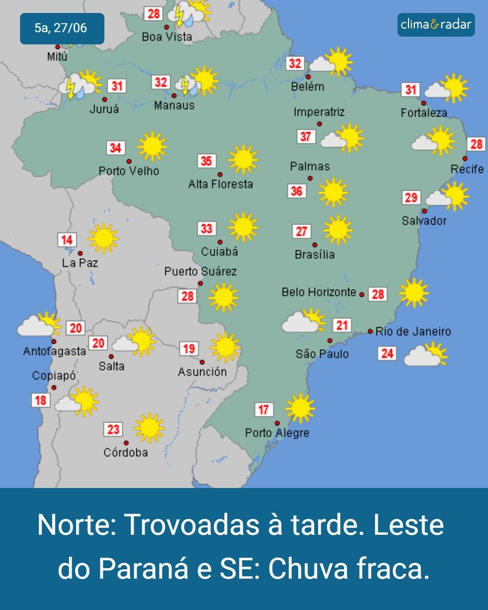 climaeradar's tweet photo. Este é o mapa mais atualizado 🌦 com a previsão do tempo simplificada para quinta-feira, dia 27 de junho de 2024. 🙌

Clima &amp; Radar Brasil:
👉 https://t.co/lF6FaWhIvM

#mapa #previsaodotempo #Brasil #climaeradar https://t.co/5c7g7Flivd