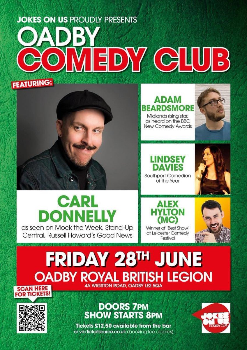 😂OADBY COMEDY CLUB😂

Join us in Oadby this weekend for a terrific night of comedy at Oadby Royal British Legion! 

Three top comedians and compere in a fab local venue! 

Tickets available here: ticketsource.co.uk/jokes-on-us/t-…