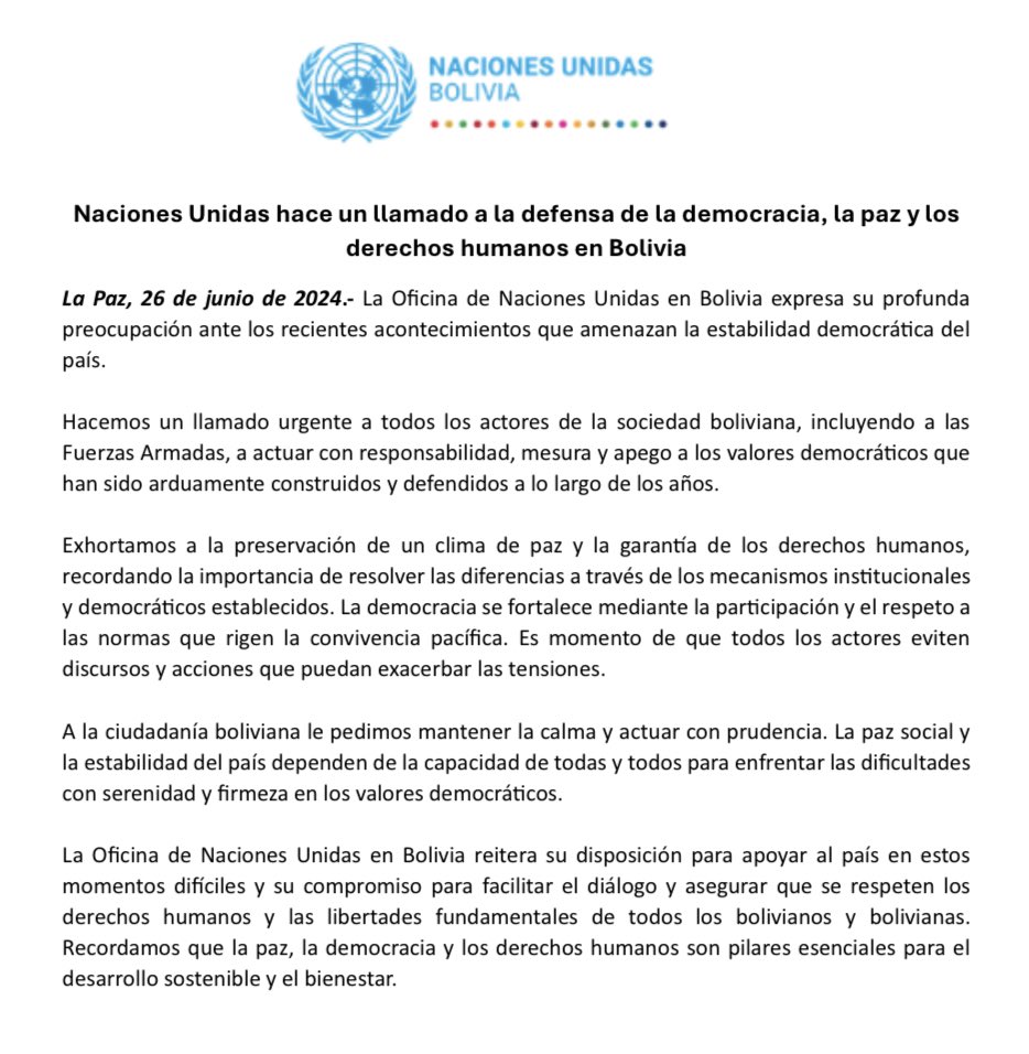 ONUBolivia's tweet photo. #Comunicado | Naciones Unidas hace un llamado a la defensa de la democracia, la paz y los derechos humanos en Bolivia. https://t.co/8Hfvd0zCSQ