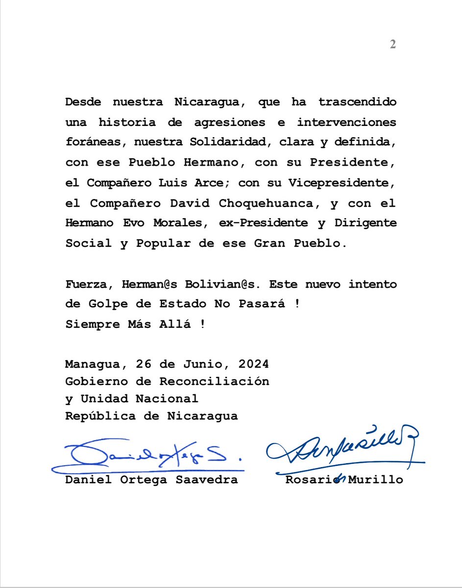 🇳🇮🇧🇴 El Gobierno de #Nicaragua denuncia y condena ante el mundo el nuevo intento de golpe de estado en #Bolivia: 

“… Desde nuestra Nicaragua nuestra solidaridad con el pueblo boliviano, su presidente <a href="/LuchoXBolivia/">Luis Alberto Arce Catacora (Lucho Arce)</a>, su vice presidente <a href="/LaramaDavid/">David Choquehuanca</a> y con el hermano <a href="/evoespueblo/">Evo Morales Ayma</a>.