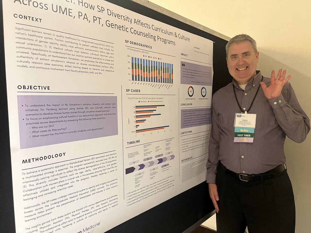 Jason Nettum, SP Trainer, and Ana Sferuzza, Director of Outpatient Simulation and Standardized Patient Program, presented a poster at the 2024 ASPE Conference in Vancover.  Their poster described how SP diversity affects curriculum and culture at Feinberg School of Medicine.