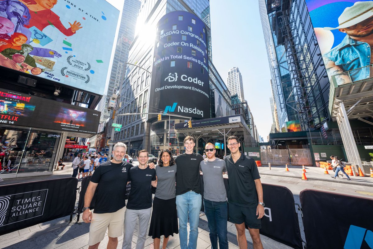 coderhq's tweet photo. Our Coder team celebrated in NYC as our funding announcement lit up Times Square! 🎉 We've secured $35M in fresh capital, bringing our Series B total to $65M. 🚀 Learn more about our journey and future plans here: https://t.co/LxMsUOLZsQ https://t.co/5lwRn5bhq5