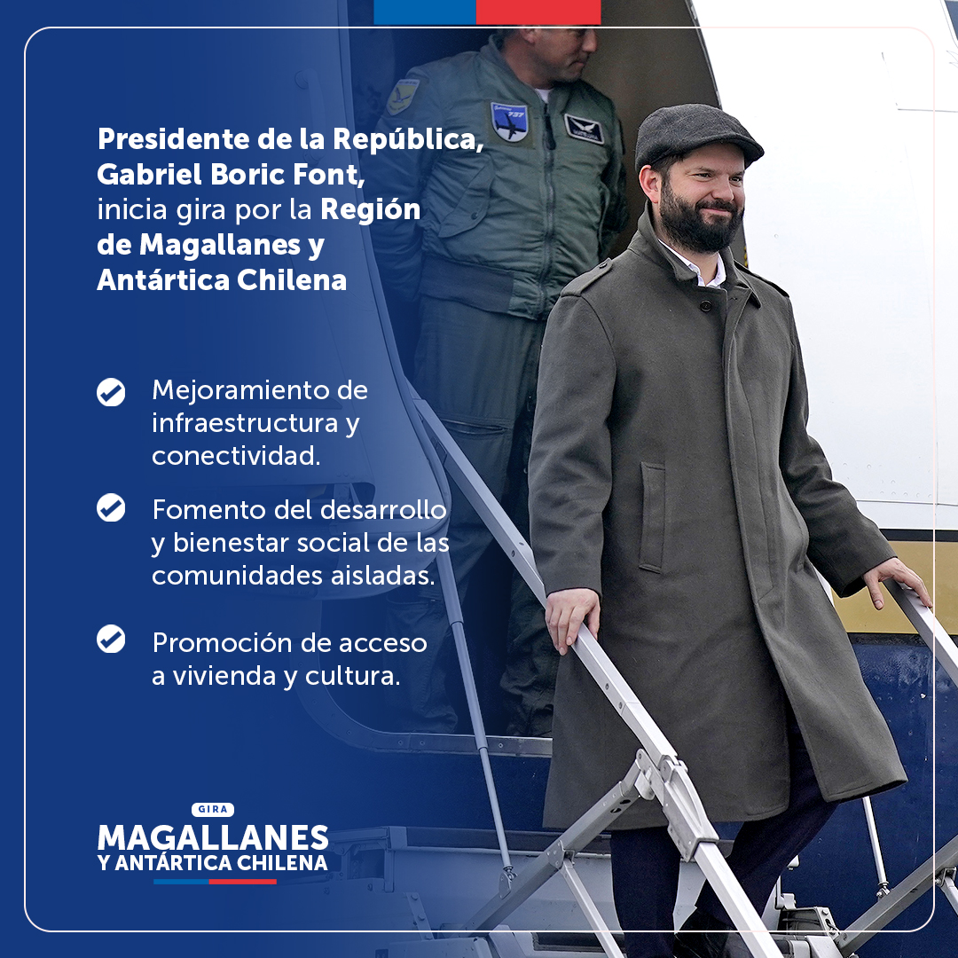 GobiernodeChile's tweet photo. Presidente @GabrielBoric da inicio a la #GiraMagallanes, donde sostendrá encuentros con autoridades, organizaciones vecinales y representantes del sector privado por el desarrollo y bienestar de las familias de la región. https://t.co/mxa94wZj26