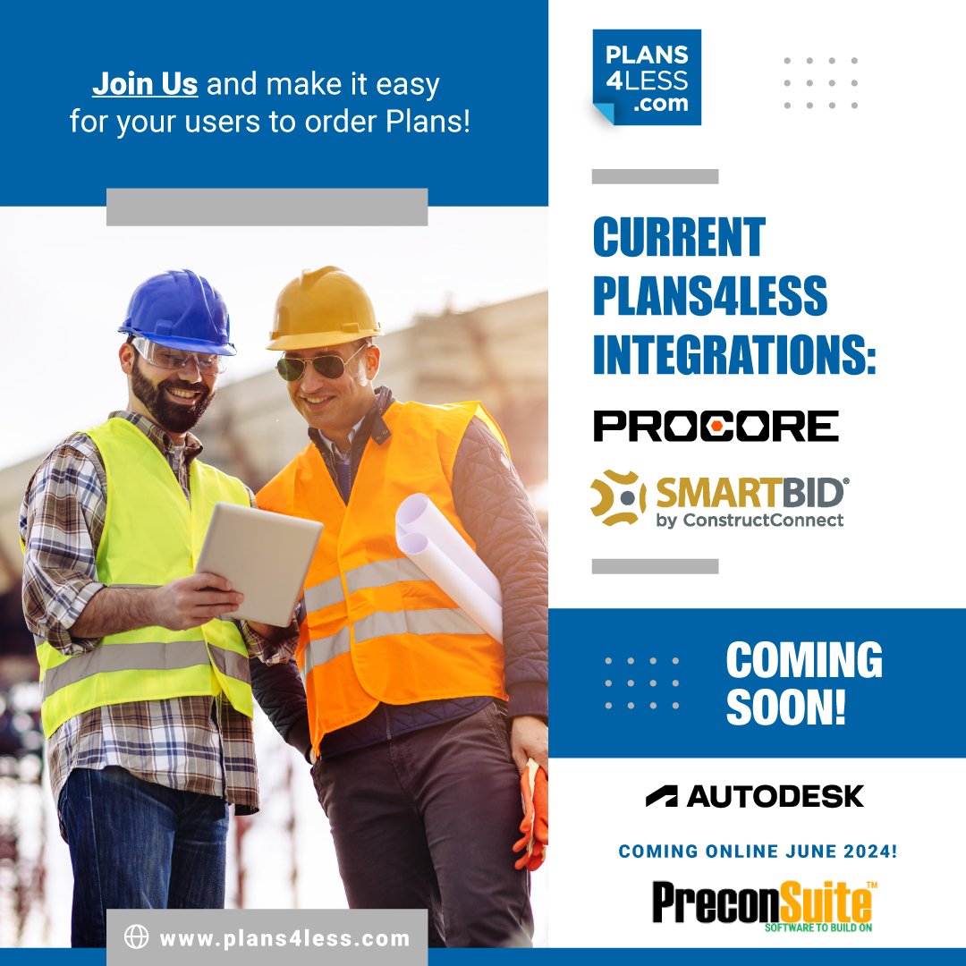 Plans4Less (@plans4less) on Twitter photo Construction Technology Software Companies have seen the value of having an integration with Plans4Less.com for their users. Plans4Less.com makes ordering your blueprints quick & friction less.
<a href="/procoretech/">Procore Technologies</a> <a href="/autodesk/">Autodesk</a> <a href="/ConstructConnx/">ConstructConnect</a> @Preconsuite Construction Technology Software Companies have seen the value of having an integration with Plans4Less.com for their users. Plans4Less.com makes ordering your blueprints quick & friction less.
<a href="/procoretech/">Procore Technologies</a> <a href="/autodesk/">Autodesk</a> <a href="/ConstructConnx/">ConstructConnect</a> @Preconsuite