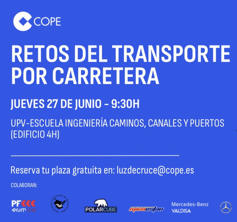 Mañana, sigue en directo la jornada RETOS DEL TRANSPORTE POR CARRETERA, en <a href="/CaminosUPV/">Caminos UPV</a> y retransmitida por <a href="/COPE/">COPE</a> 
Más info: cope.es/emisoras/comun…