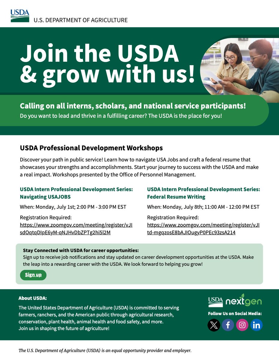📣 Calling on all interns, scholars, and #nationalservice participants! 

The <a href="/USDA/">Dept. of Agriculture</a> is offering Professional Development Workshops to help you navigate USA Jobs &amp; craft a federal resume that showcases your strengths and accomplishments.

Learn more in the attached image: