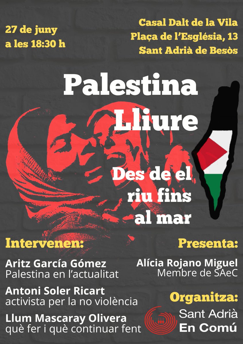Com recordareu, vam haver d'ajornar l'acte previst fa unes setmanes. Aqui us deixem la nova data, amb les mateixes persones i al mateix lloc. Palestina Lliure, el proper dijous 27 de maig a les 18:30h al Casal Dalt de La Vila