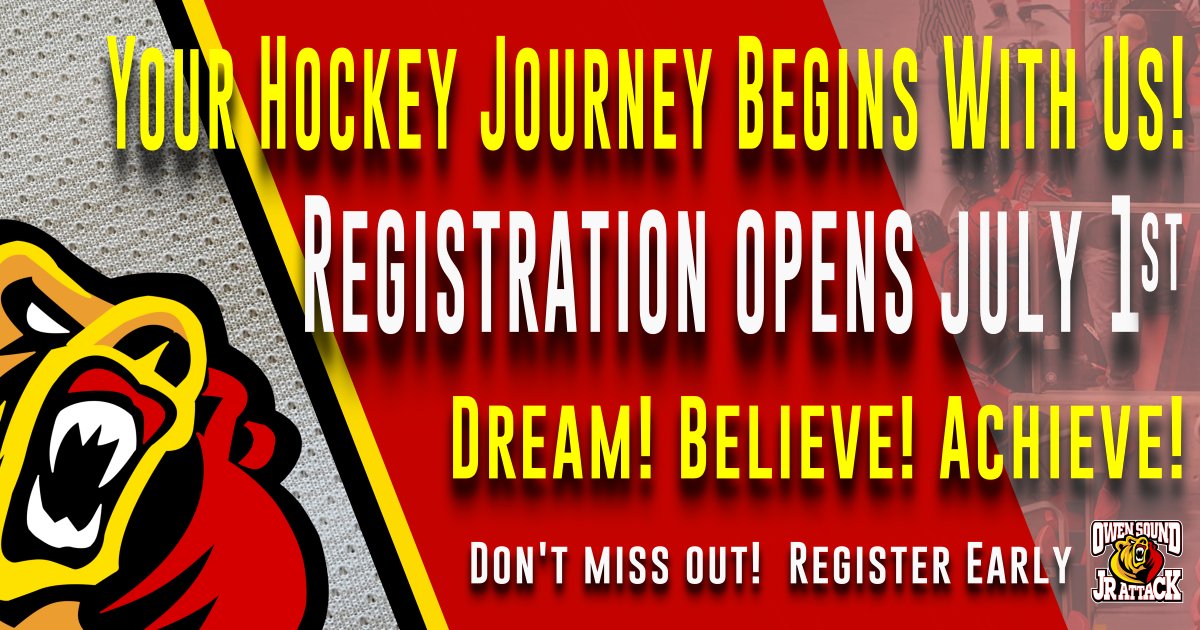 As we swap out our hockey sticks for sunscreen,  let's make sure we're ready for the 2024-25 season! Registration opens July 1st, so don't miss out – your hockey star is counting on it!

#owensoundminorhockey #GetReady #JrBears #letsroar #DreamsBelieveAchieve #jrattackhockey