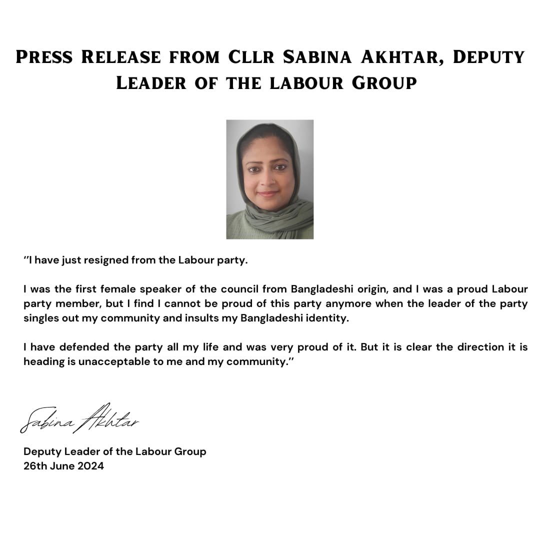 Cllr Sabina Akhtar (@akhtar_sabina) on Twitter photo My resignation letter from the Labour Party. <a href="/LabourPandL/">Poplar and Limehouse Labour Party</a> <a href="/TH_Labour/">Tower Hamlets Labour Group</a> <a href="/CllrSirajIslam/">Cllr. Sirajul Islam</a> My resignation letter from the Labour Party. <a href="/LabourPandL/">Poplar and Limehouse Labour Party</a> <a href="/TH_Labour/">Tower Hamlets Labour Group</a> <a href="/CllrSirajIslam/">Cllr. Sirajul Islam</a>