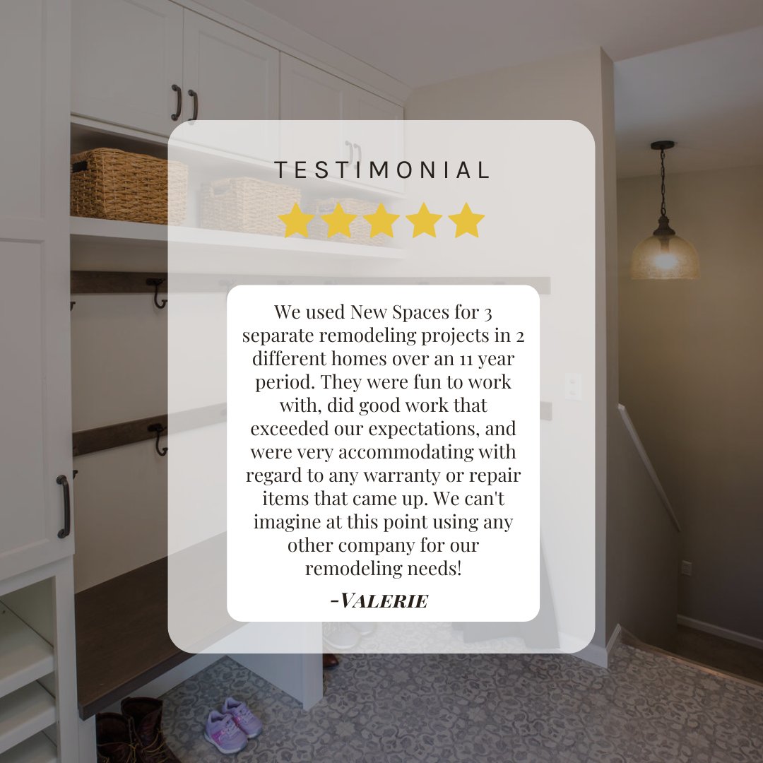 "We used New Spaces for 3 separate remodeling projects in 2 different homes over an 11 year period."

- Valerie, New Spaces client. 

🏡 Get in touch with our team to get started on your next renovation.