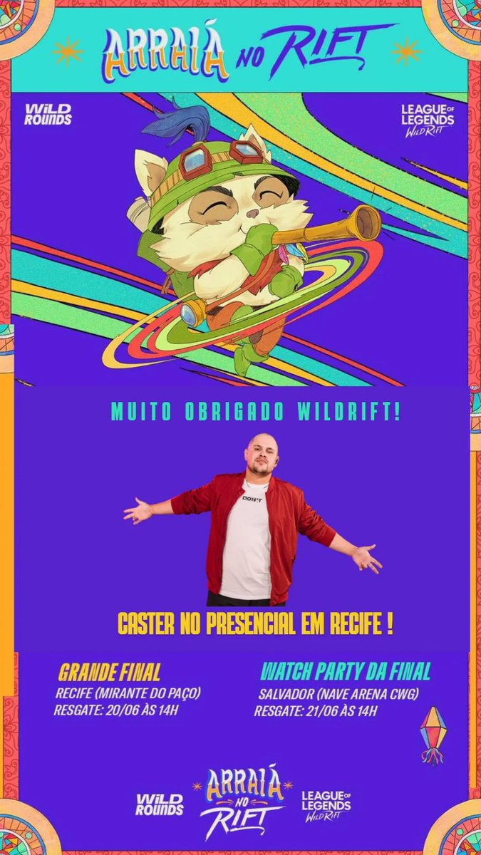 É com mta alegria que compartilho que estarei em Recife sábado narrando o presencial do Arraiá no Rift!
MT obrigado a comunidade do wr, a qm me acompanha indiferente do game, a Riot e em especial ao <a href="/leoyahata/">LeoVeio</a> e o <a href="/theAKumoto/">akumoto</a> por me abrirem as portas.
Bora que vai ser incrível!