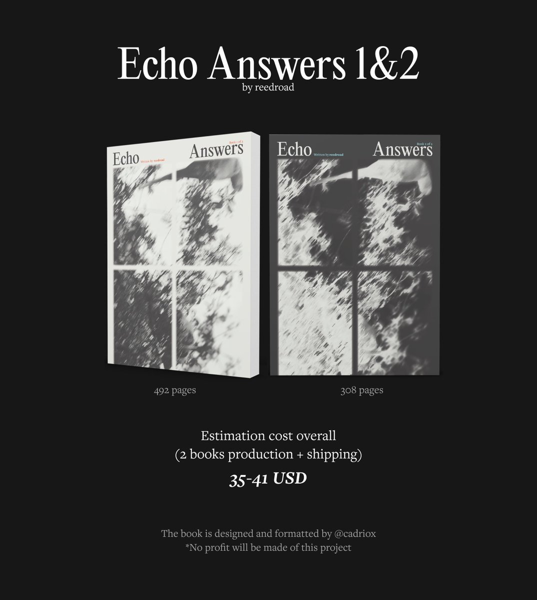 cadriox's tweet photo. Eremin fans!
If you've read Echo Answers (if haven't, you're missing out,) I'm making this fanfic into books for me and my friends. It's a personal project with zero profit but I would be more than happy to send them if you want a set for yourselves  

Pls read moret for detail https://t.co/kOGCEEQOSv