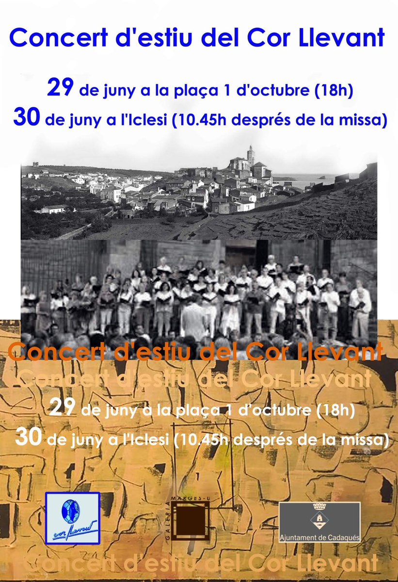 #Cadaqués de nou.
Aquest dissabte a la plaça 1 d'Octubre, a les 6 de la tarda, i diumenge  a l'Església  de Santa Maria, primer cantarem a la missa de les 10  i a 3/4 d'11 concert a la mateixa església. 
Obres catalanes i d'arreu.
💛💛💛💛💛