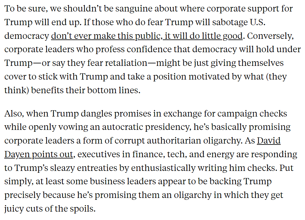 GregTSargent's tweet photo. To put this plainly, at least some corporate leaders seem to be supporting Trump precisely because he's offering them a corrupt oligarchy in which they get a juicy cut of the spoils.

Still, the bigger story here is that there is no stampede to Trump. 5/5

https://t.co/4kUAqyqlq4 https://t.co/jE2rPTPoOp