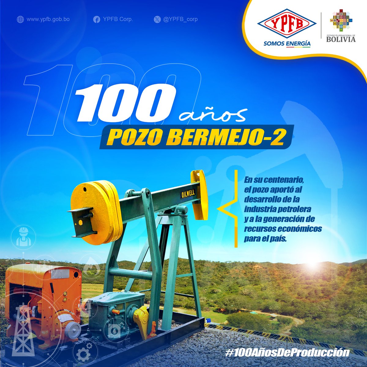 YPFB_corp's tweet photo. El pozo Bermejo-2 fue perforado el 17 de enero de 1924 por la Standard Oil Company. Registró aproximadamente 190 millones de litros de petróleo desde junio de 1924 hasta junio de 2024. Es un símbolo de esfuerzo, dedicación y progreso para Tarija y el país.

#YPFB
#SomosEnergía https://t.co/0kimf9BfiX
